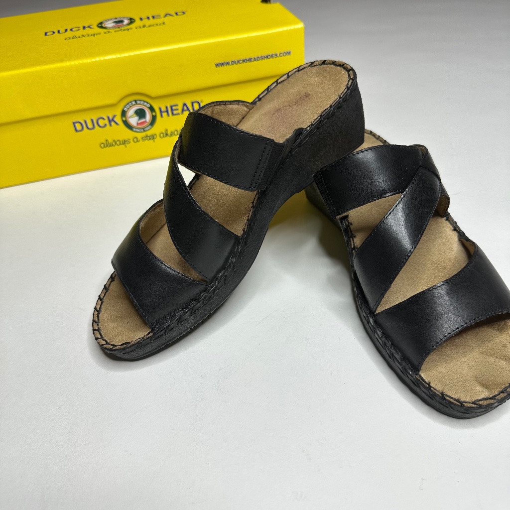 Duck Head Leather Wedge Slide Sandals -Black, Us 7, Backless, Strappy, Grip Slip